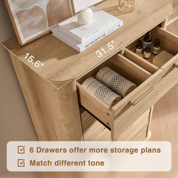 English Elm 6 Drawer Tall Fluted Chest with Waveform Fronts Slim Wooden Storage for Modern Bedroom Oak T5326P425103