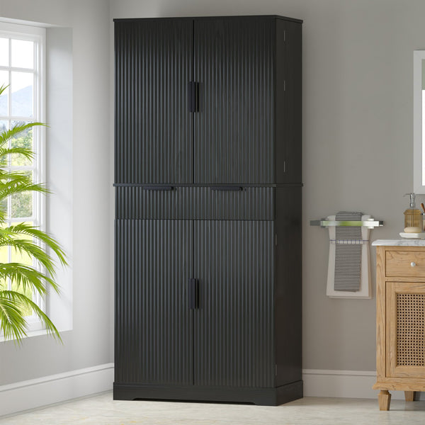 English Elm 72" Fluted Kitchen Pantry Cabinet with Anti-Tilt Stabilizers, Triple-Fold Hinges, Spice Door Racks and Deep Storage Black W2917P294985