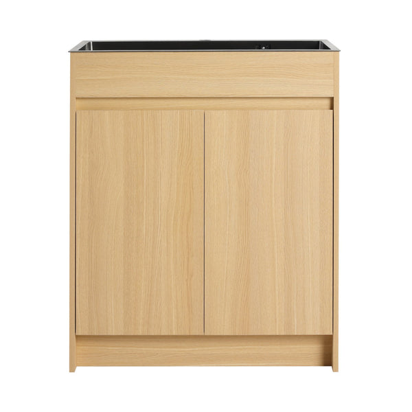 English Elm 28" Freestanding Bathroom Vanity with Gun-Gray Stainless Sink, Soft-Close Doors, Adjustable Shelves, Plywood Finish W999P376890