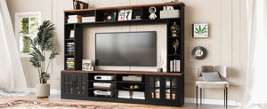 English Elm 95.5" Wide Modern Farmhouse Wall Unit with Tempered Glass Cabinets and Bookshelf Storage Black SJ000157AAB