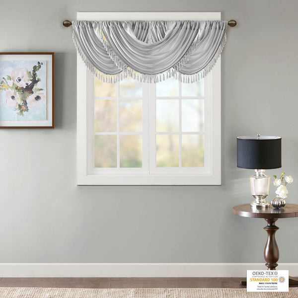 JLA Home Madison Park - Faux Lustrous Silk Waterfall Valance with Tassel Trim, OEKO-TEX Certified Draped Accent for Windows Silver MP41-7410