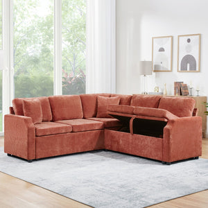 English Elm Sectional Sofa Bed - Stylish L-Shaped 81.9" Sleeper Sofa With Hidden Storage & Cozy Orange Chenille N719S002070G-GIGA