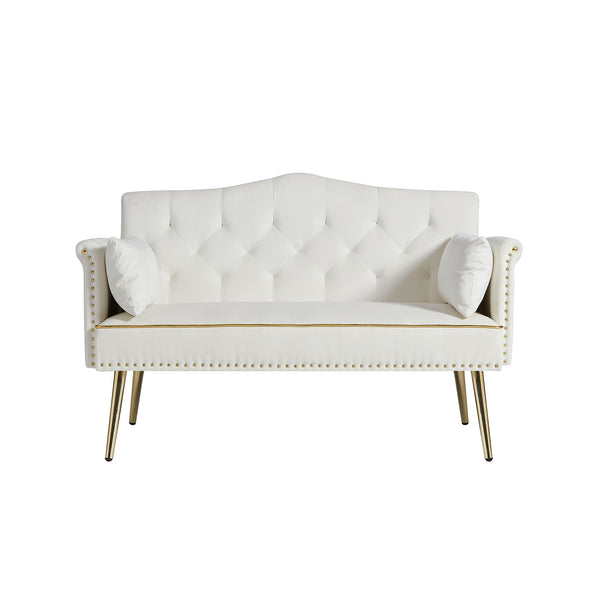 English Elm CREAM Velvet 2-Seater Sofa with Gold Metal Legs, Foam Cushion Comfort, Solid Wood Frame, Compact Luxury W588P165684