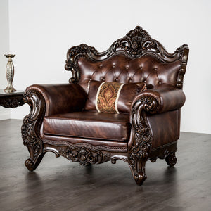 English Elm Traditional Carved Tufted Accent Chair with Rolled Arms, Nailhead Trim and Elegant Upholstery Brown,Cherry 52 L x 43 W x 27 H B2741P380805