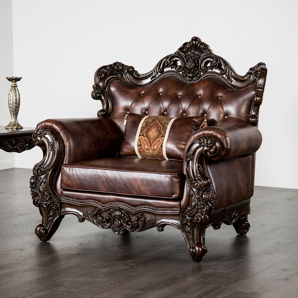 English Elm Traditional Carved Tufted Accent Chair with Rolled Arms, Nailhead Trim and Elegant Upholstery Brown,Cherry 52 L x 43 W x 27 H B2741P380805