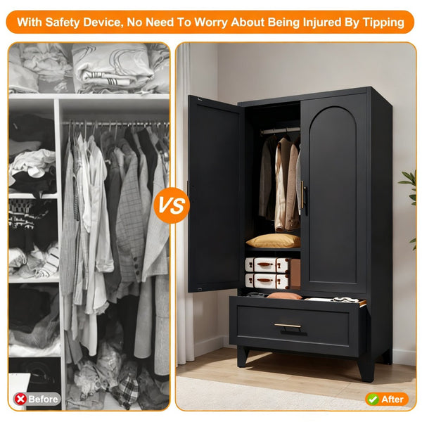 English Elm 60" Powder-coated Steel Wardrobe with Hanging Rod Drawer and Shelf for Slim Spaces W3387P396209