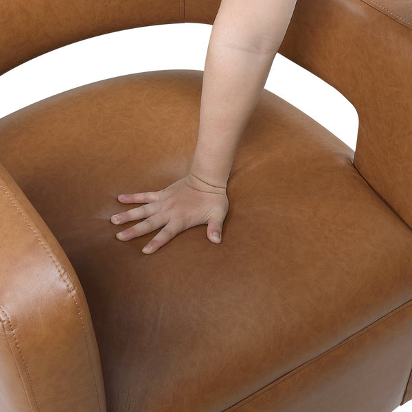 English Elm Modern Faux Leather Swivel Chair with Barrel Back Plush Foam Padding Pocket Coil Support 360° Base Camel 30 L x 29.5 W x 32.5 H B011P395594