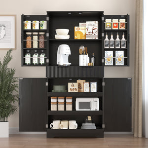 English Elm 72" Fluted Kitchen Pantry Cabinet with Anti-Tilt Stabilizers, Triple-Fold Hinges, Spice Door Racks and Deep Storage Black W2917P294985