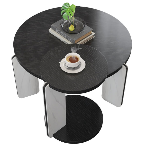 English Elm Set of 2 Round Sintered Stone Nesting Tables Sleek Modern Accent for Living Rooms W2899P405894