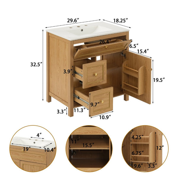 English Elm 30 Inch Fluted Freestanding Bathroom Vanity Solid Wood Soft Close Spa Style W5278S00002