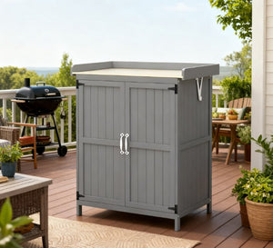 English Elm Wooden Garden Potting Bench with Fir Construction Steel Top and Weatherproof Tool Cabinet T3971P423122