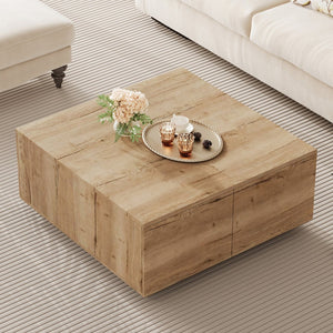 English Elm 33.25" Square Storage Coffee Table Four Drawer Matte Mdf Living Room Centerpiece Natural N735P422508N