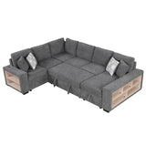 English Elm 109" U-Shaped Sectional Sofa Pull-Out Sofa Bed With Two Usb Ports, A Storage Chaise Lounge and Four Back Pillows For Living Room, Grey