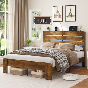 English Elm King Platform Bed with Led Headboard Charging Station and Under Storage Rustic Brown W1550P366934