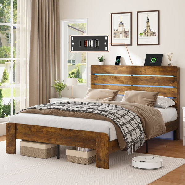 English Elm King Platform Bed with Led Headboard Charging Station and Under Storage Rustic Brown W1550P366934