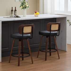 English Elm Set of 2 Rattan Counter Stools with Cane Back and PU Upholstery, 360° Swivel, Walnut Craftsmanship Black W1143P300157