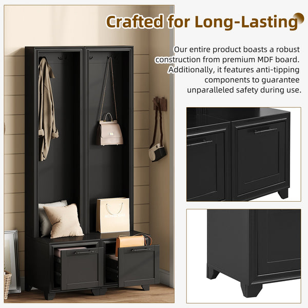 English Elm On-Trend Elegant 3-In-1 Hall Tree Set Of 2 - Stylish Entryway Coat Rack With Bench & Storage Drawers N721P249242B