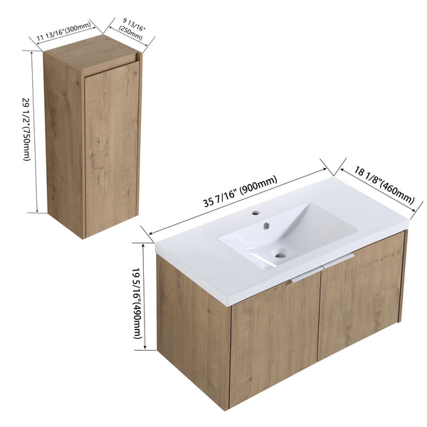 English Elm 36" Wall-Mounted Bathroom Vanity With Soft-Close Sink & Side Cabinet For Stylish Storage Solutions W999S00218