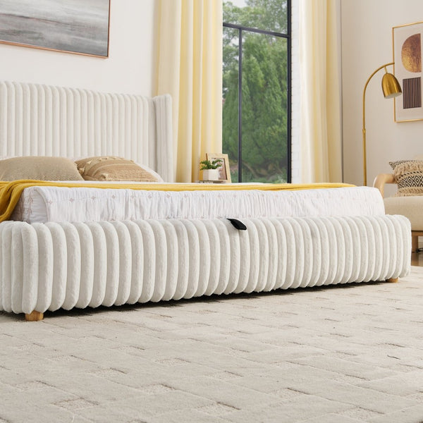 English Elm King Corduroy Upholstered Storage Bed Hydraulic Lift Ribbed Plush Cream Platform W1413S00182