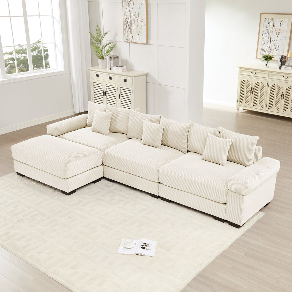 English Elm 130" Oversized Modular L-Shape Sectional Couch In Cream, Luxurious Corduroy, Ergonomic With Ottoman & 9 Pillows W714S01288