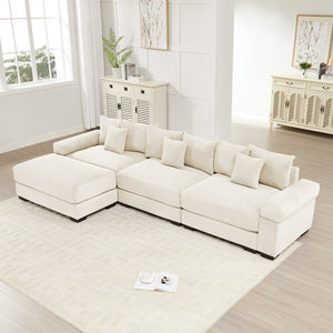 English Elm 130" Oversized Modular L-Shape Sectional Couch In Cream, Luxurious Corduroy, Ergonomic With Ottoman & 9 Pillows W714S01288