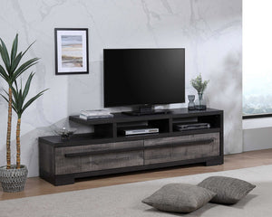 English Elm 1pc Modern Entertainment Console with Industrial Edge, Grey Wood Finish, Open Shelf & Two Drawers Black,White 19.37 L x 72.79 W x 22.48 H B2741P295134