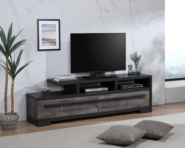 English Elm 1pc Modern Entertainment Console with Industrial Edge, Grey Wood Finish, Open Shelf & Two Drawers Black,White 19.37 L x 72.79 W x 22.48 H B2741P295134
