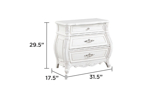 English Elm Opulence Pearl White 3-Drawer Nightstand with Carved Details, Spacious Storage, Elegant Bedside Design B009P240963