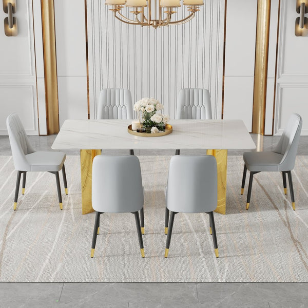 English Elm Table & 6 Chair Set - Elegant Glass Top With Faux Marble, Gold Stainless Steel Legs, Modern Comfort W1151S04353-GIGA