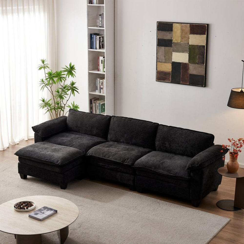 English Elm Living Room Chenille Sectional Sofa with Detachable Ottoman and Pocket Coil Cushions Black W1097S00240