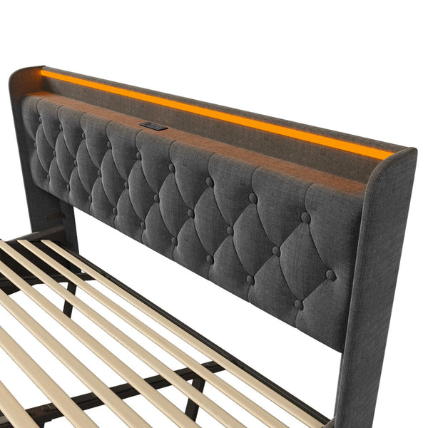 English Elm King Upholstered Bed with Surround LED, App/Remote Control, Hydraulic Storage, USB Type-C Charging Gray N736P188808G