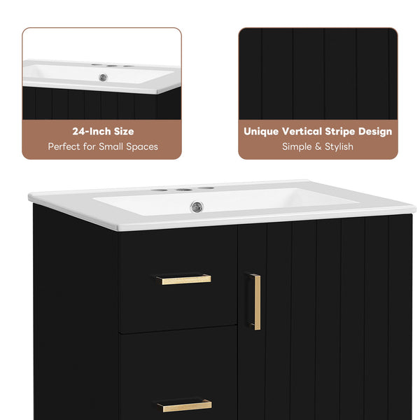 English Elm 24" Modern Bathroom Vanity with Under-Mount Sink, Vertical Stripe Design, 2 Drawers & Soft-Close Cabinet Black N710P288936B