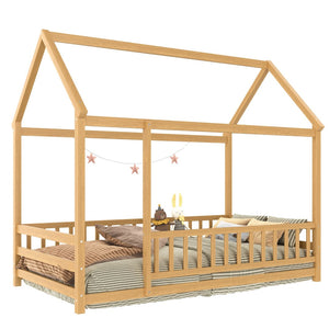English Elm Twin Pine House Frame Floor Bed with Peaked Roof and Fence Guardrails for Kids Natural W1858P389939