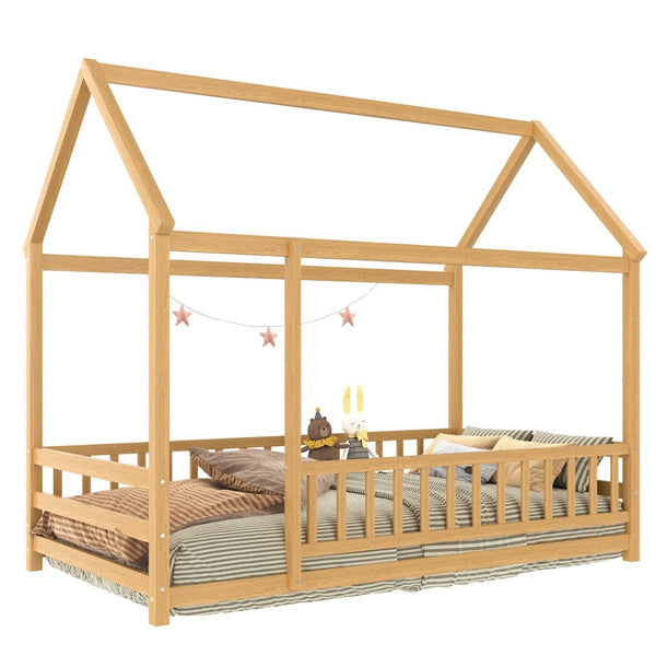 English Elm Twin Pine House Frame Floor Bed with Peaked Roof and Fence Guardrails for Kids Natural W1858P389939