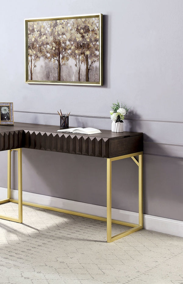 English Elm Transitional Two-tone Computer Desk with Matte Gold Metal Base, Lift-Top Work Surface and Concealed Drawer Storage Walnut 50 L x 28 W x 10 H B2741S00260