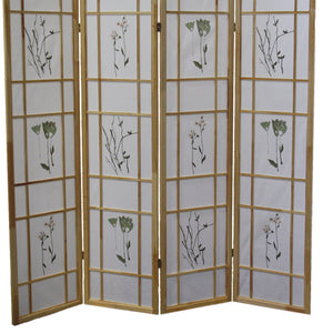 English Elm 70" Tall 4-Panel Shoji Room Divider – Elegant Natural Wood Folding Screen With Floral Design Accent B072115967
