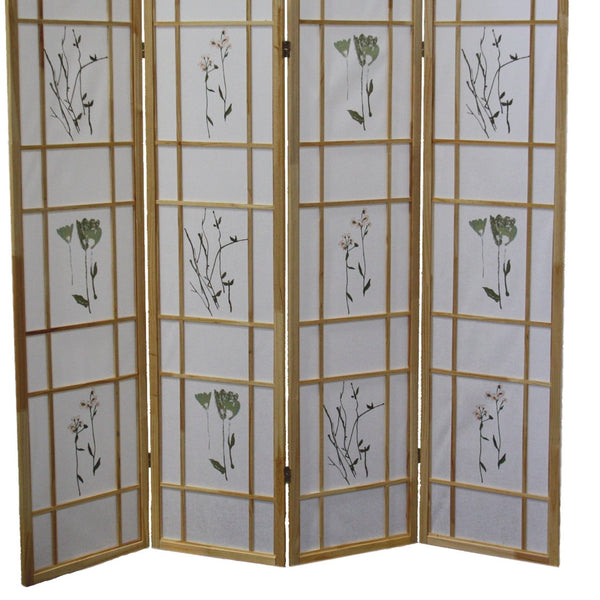 English Elm 70" Tall 4-Panel Shoji Room Divider – Elegant Natural Wood Folding Screen With Floral Design Accent B072115967