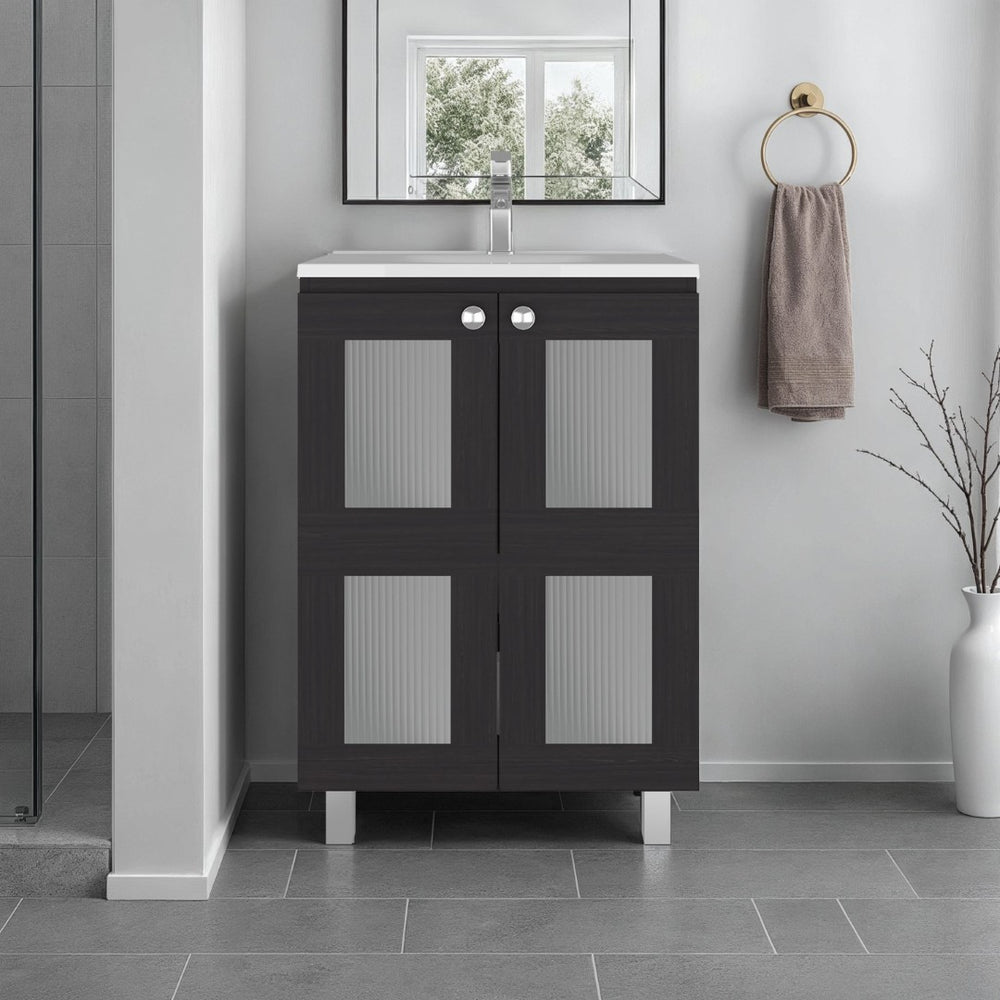 English Elm Haysi Frosted Glass Bathroom Vanity with Resin Sink and Shelved Storage Cabinet B070S00415