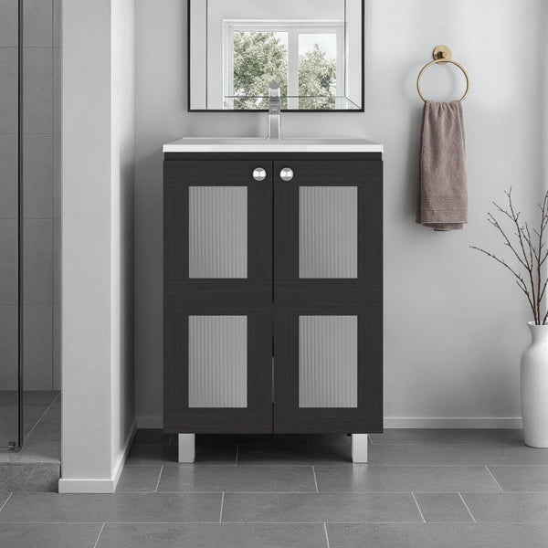 English Elm Haysi Frosted Glass Bathroom Vanity with Resin Sink and Shelved Storage Cabinet B070S00415