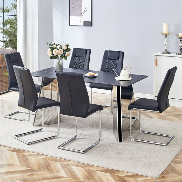 English Elm Table Set With Black Marble Top & Stainless Steel Legs – 6 Pu Chairs For Elegant Dining Spaces W1151S01960-GIGA