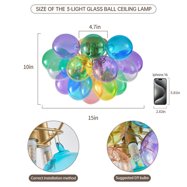 English Elm Colorful 15" Glass Bubble Ceiling Light Multicolor Swirled Pendant with Gold Base, Cozy Dimmer-Friendly Fixture W2869P218648