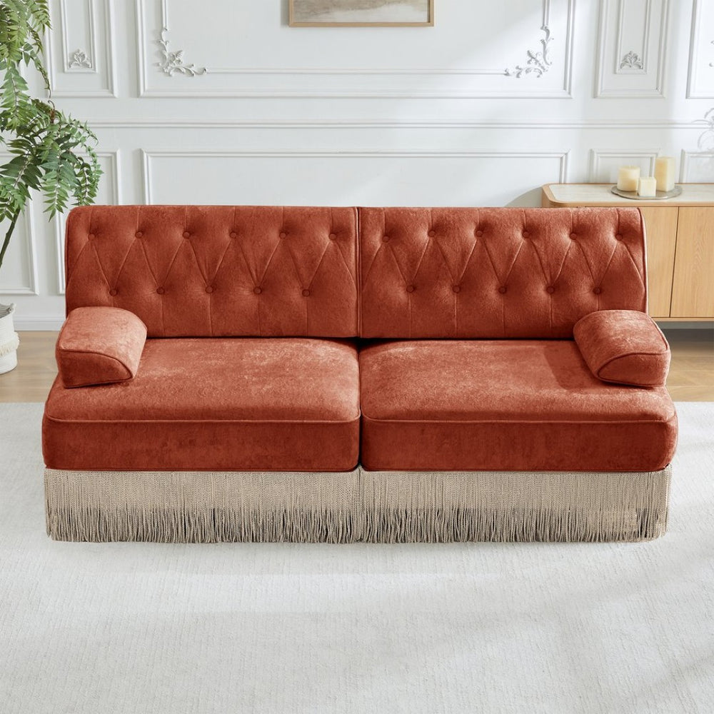 English Elm Soft Velvet Chesterfield Sectional Sofa Tufted Tassel Fringe Skirt Modular Living Room Red+Brown W714S01718