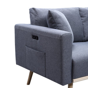 English Elm Easton Linen Loveseat with Usb Port Side Pockets Throw Pillows and Wood Trim B06178092