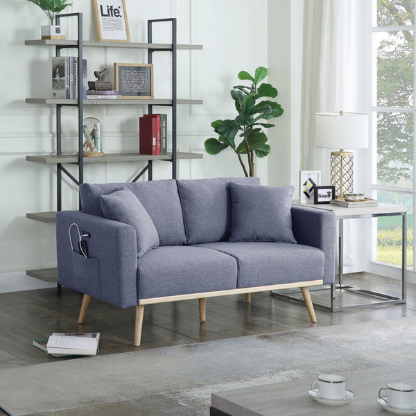 English Elm Easton Linen Loveseat with Usb Port Side Pockets Throw Pillows and Wood Trim B06178092