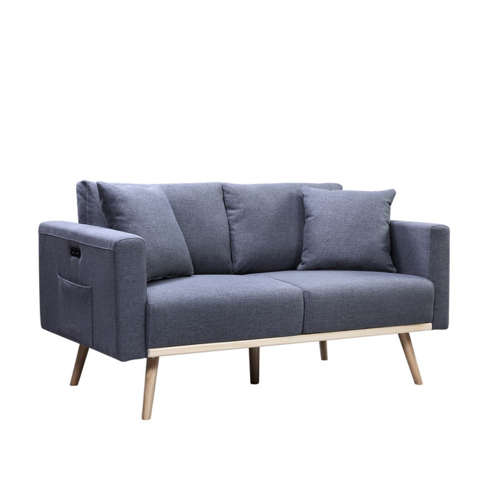 English Elm Easton Linen Loveseat with Usb Port Side Pockets Throw Pillows and Wood Trim B06178092