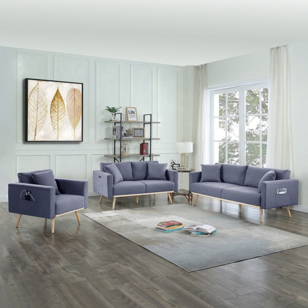 English Elm Easton Three Piece Linen Sofa Set with Usb Ports Magazine Pockets and Throw Pillows B061S00014