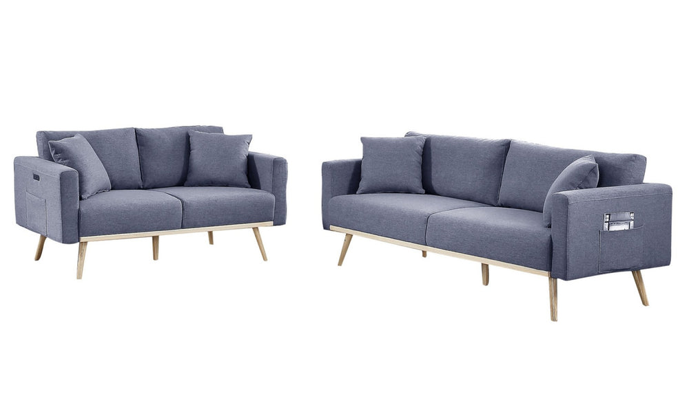 English Elm Easton Gray Linen Sofa and Loveseat Set with Usb Ports Wood Trim Living Room B061S00109