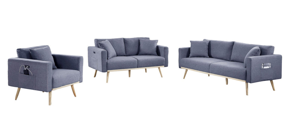 English Elm Easton Three Piece Linen Sofa Set with Usb Ports Magazine Pockets and Throw Pillows B061S00014