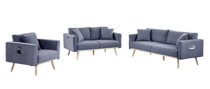 English Elm Easton Three Piece Linen Sofa Set with Usb Ports Magazine Pockets and Throw Pillows B061S00014
