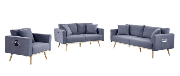 English Elm Easton Three Piece Linen Sofa Set with Usb Ports Magazine Pockets and Throw Pillows B061S00014